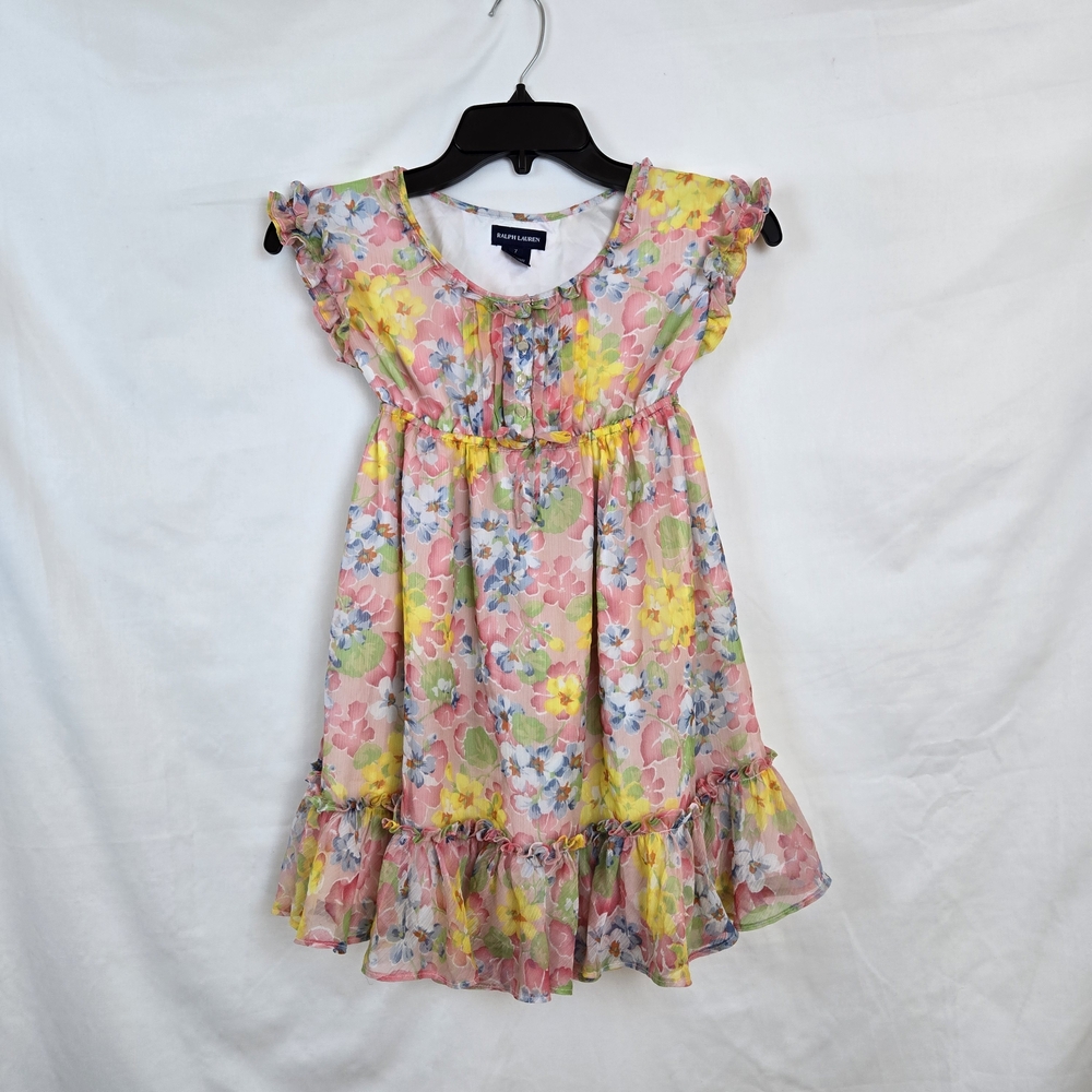 Ralph Lauren Girls Pink Yellow Floral Short‎ Sleeve Ruffled Chiffon Dress Sz 7